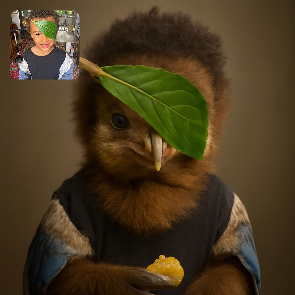 A cheerful child with curly hair playfully wears a large green leaf as an eye patch, smiling brightly while holding a yellow fruit half, all set in a cozy, cluttered indoor space with a colorful rug and various household items in the background.
