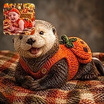 A delighted baby is dressed as the world’s cutest pumpkin, grinning from a cozy autumn blanket while surrounded by glowing pumpkins and fall leaves. The little crocheted outfit looks ready for harvest season—and possibly a very serious meeting with a pumpkin patch.