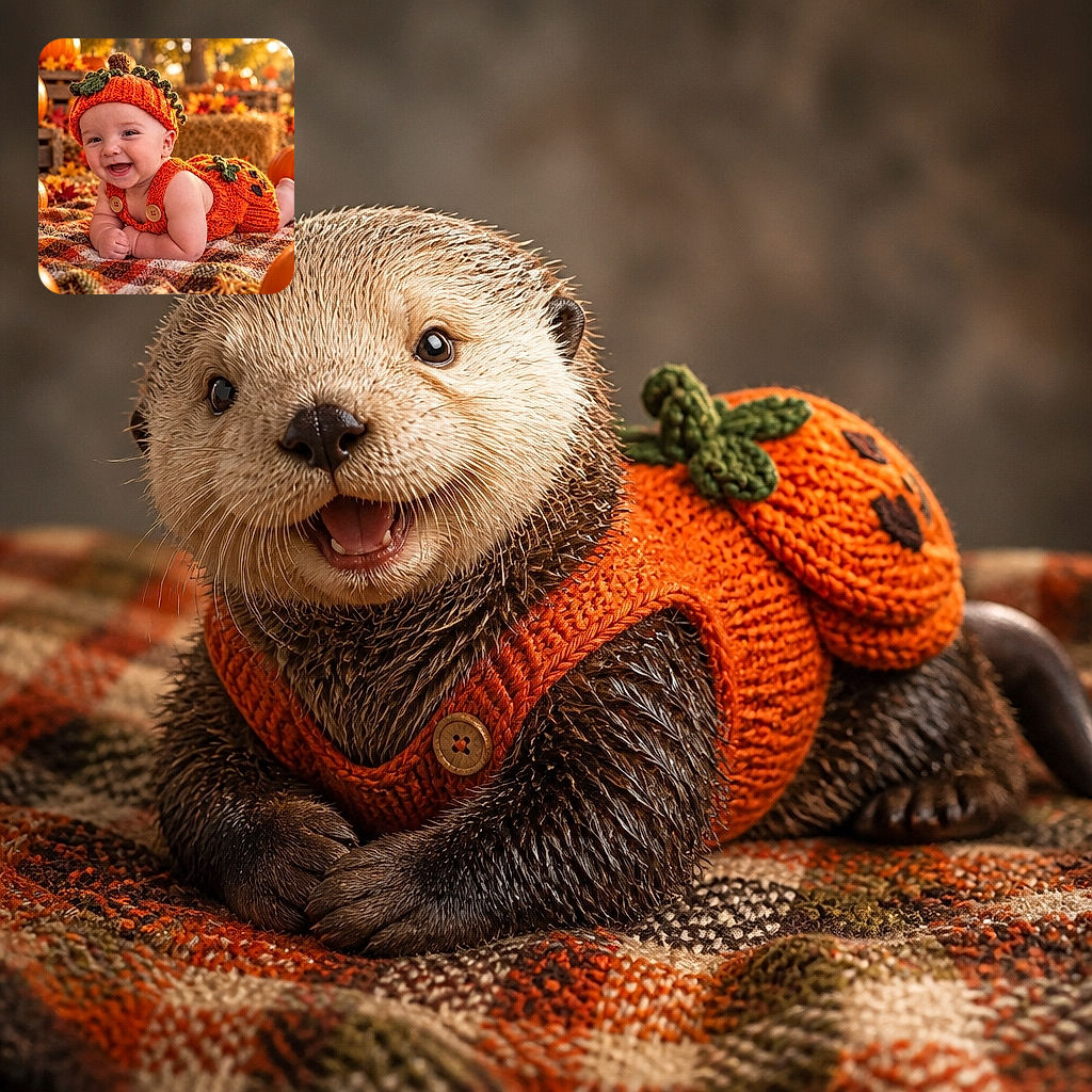 A delighted baby is dressed as the world’s cutest pumpkin, grinning from a cozy autumn blanket while surrounded by glowing pumpkins and fall leaves. The little crocheted outfit looks ready for harvest season—and possibly a very serious meeting with a pumpkin patch.