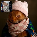 A peacefully sleeping newborn bundled snugly in a pink and white checkered blanket, wearing a cozy striped hat, resting on a festive holiday-themed fabric with snowmen and snowflakes.