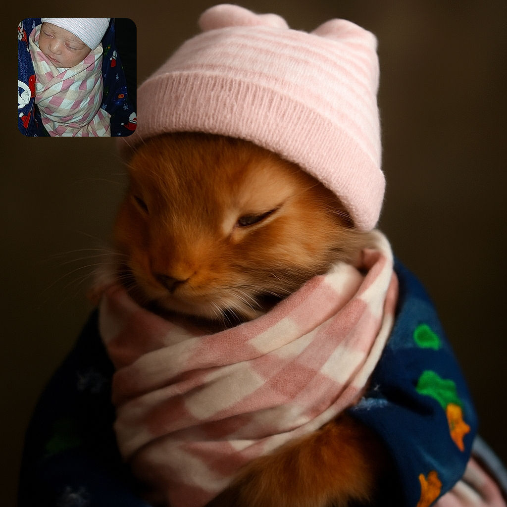 A peacefully sleeping newborn bundled snugly in a pink and white checkered blanket, wearing a cozy striped hat, resting on a festive holiday-themed fabric with snowmen and snowflakes.