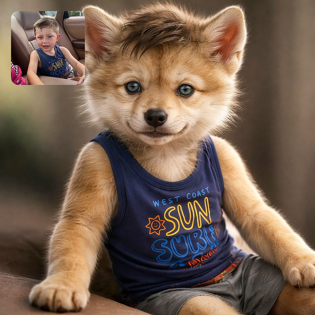 A cheerful little boy lounging in the backseat like he owns the car — hair slightly tousled, grin showing a few teeth, and summer-shirt vibes with a window and road signs peeking outside.