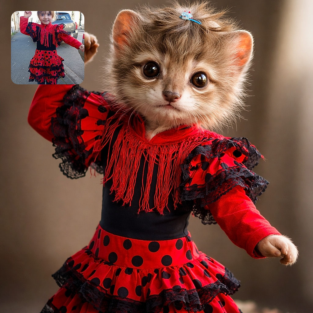 A cheerful little girl in a red polka-dot flamenco-style dress strikes a joyful pose on the sidewalk, looking straight at the camera with a shy grin and a tiny hair clip—like a miniature dancer who just claimed the street as her stage.