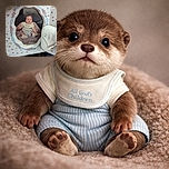 A vintage-style baby photo framed in a decorative ceramic frame with pastel hearts and stars, featuring a baby wearing a bib and striped outfit, sitting on a soft blanket. The frame also has a small ceramic shoe with the inscription 'Jesus Loves Me'.