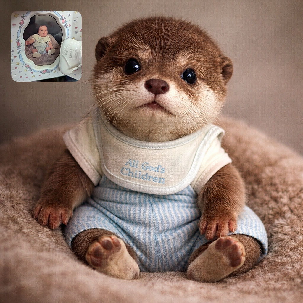 A vintage-style baby photo framed in a decorative ceramic frame with pastel hearts and stars, featuring a baby wearing a bib and striped outfit, sitting on a soft blanket. The frame also has a small ceramic shoe with the inscription 'Jesus Loves Me'.