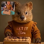 A joyful toddler with a slightly messy face stands behind a delicious-looking chocolate cake on a blue table, surrounded by a cozy living room filled with toys and a fireplace in the background, capturing a warm and candid birthday moment.