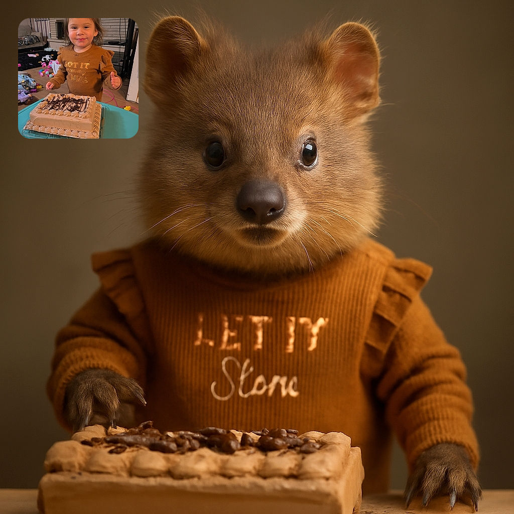 A joyful toddler with a slightly messy face stands behind a delicious-looking chocolate cake on a blue table, surrounded by a cozy living room filled with toys and a fireplace in the background, capturing a warm and candid birthday moment.