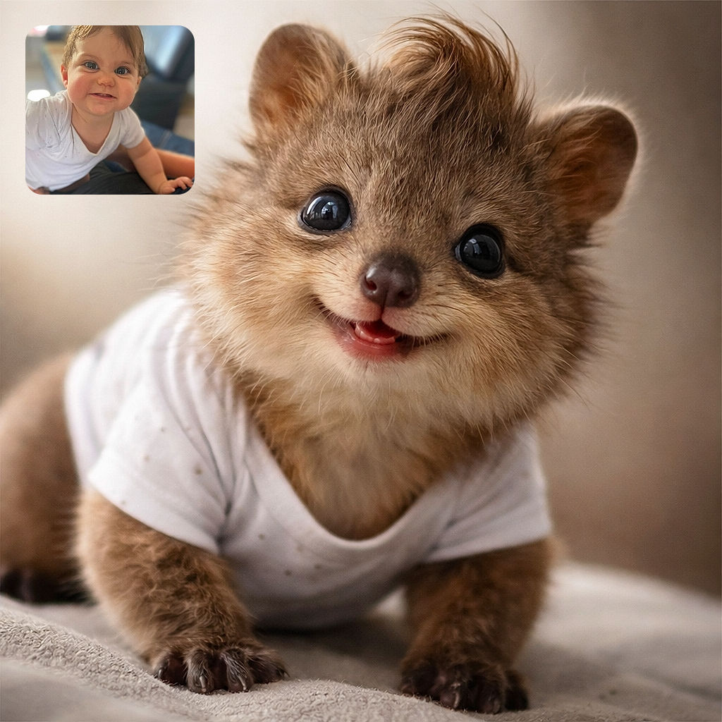 A cheerful toddler with a mischievous grin leans forward, eyes wide and sparkling, wearing a white shirt, with a blurred cozy indoor background that makes the little face pop out like a star.