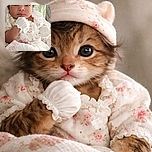 A charming baby bundled in soft whites and florals, looking curiously at the camera with big bright eyes and a thoughtful mittened hand near the chin, lying on a cozy green patterned blanket.