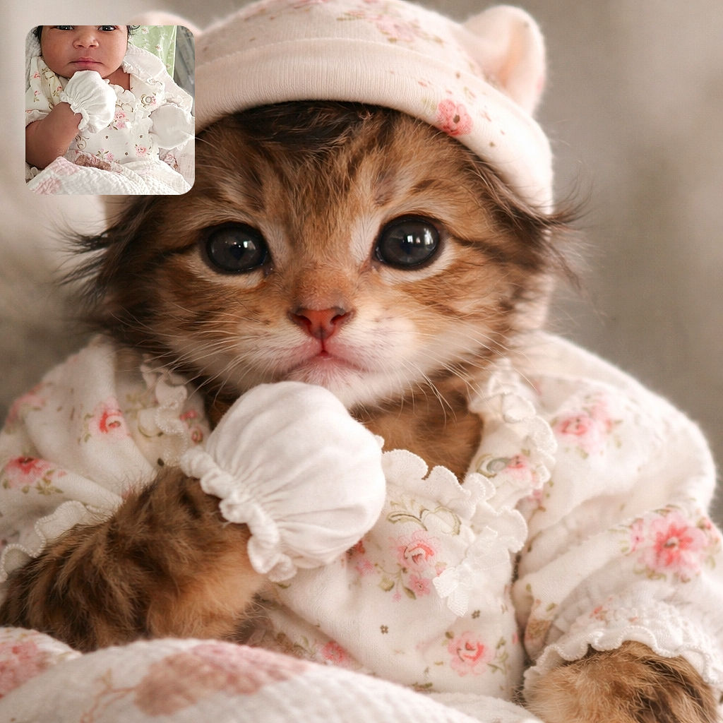 A charming baby bundled in soft whites and florals, looking curiously at the camera with big bright eyes and a thoughtful mittened hand near the chin, lying on a cozy green patterned blanket.