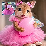 A cheerful little girl in a fluffy pink dress and matching hair bows clutches a large pink balloon while perched on the trunk of a silver car, her wide smile lighting up the scene with pure joy and innocence.