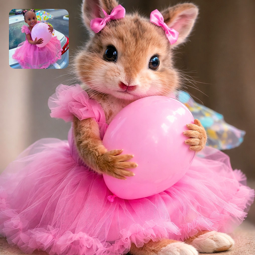 A cheerful little girl in a fluffy pink dress and matching hair bows clutches a large pink balloon while perched on the trunk of a silver car, her wide smile lighting up the scene with pure joy and innocence.