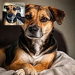 A close-up portrait of a calm dog with expressive eyes and floppy ears, lounging comfortably indoors with a cozy blanket and a softly lit living room in the background.