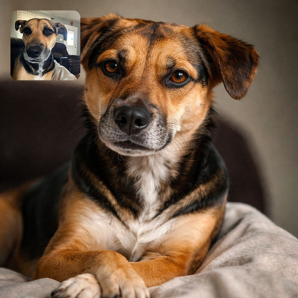 A close-up portrait of a calm dog with expressive eyes and floppy ears, lounging comfortably indoors with a cozy blanket and a softly lit living room in the background.
