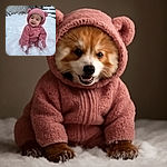 A smiling baby bundled up in an adorable pink bear suit sits happily in the snow, with little snow patches on the outfit's sleeves and legs, creating a heartwarming winter scene.