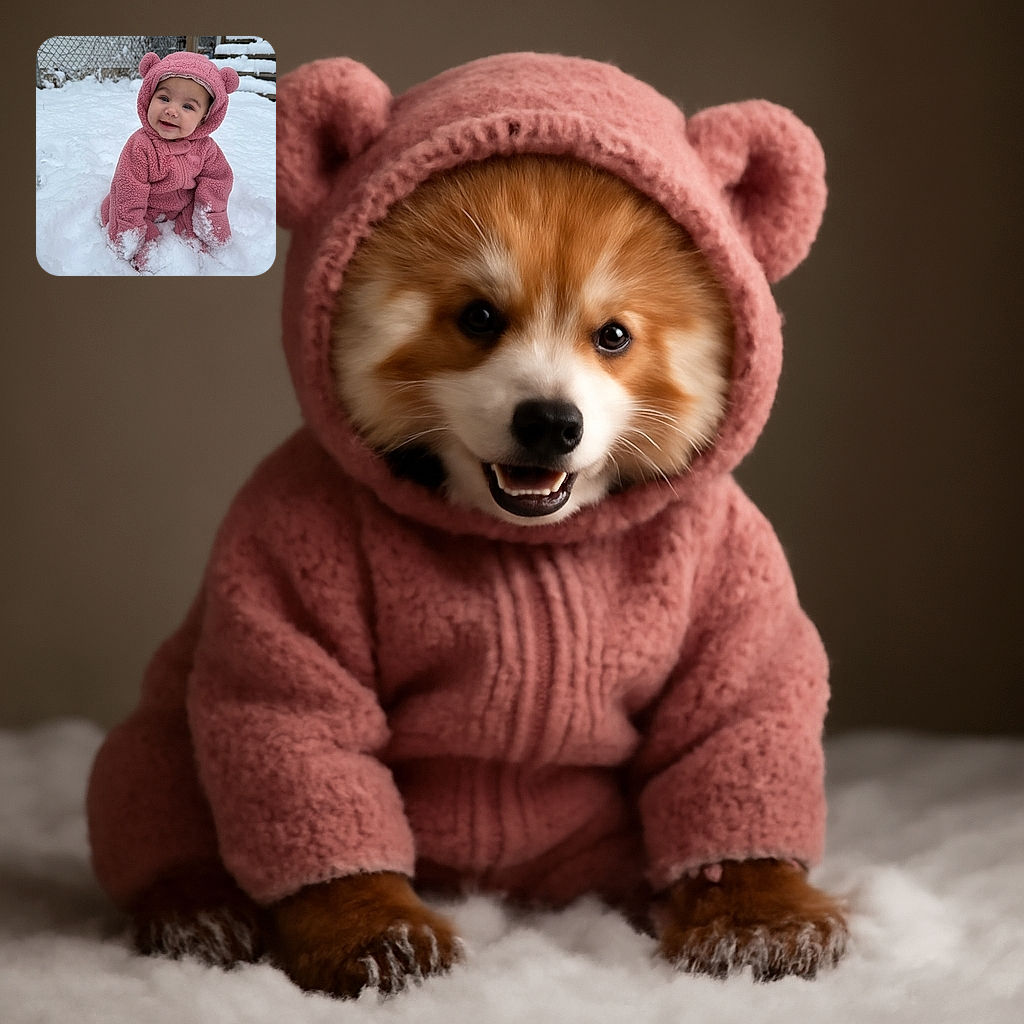 A smiling baby bundled up in an adorable pink bear suit sits happily in the snow, with little snow patches on the outfit's sleeves and legs, creating a heartwarming winter scene.