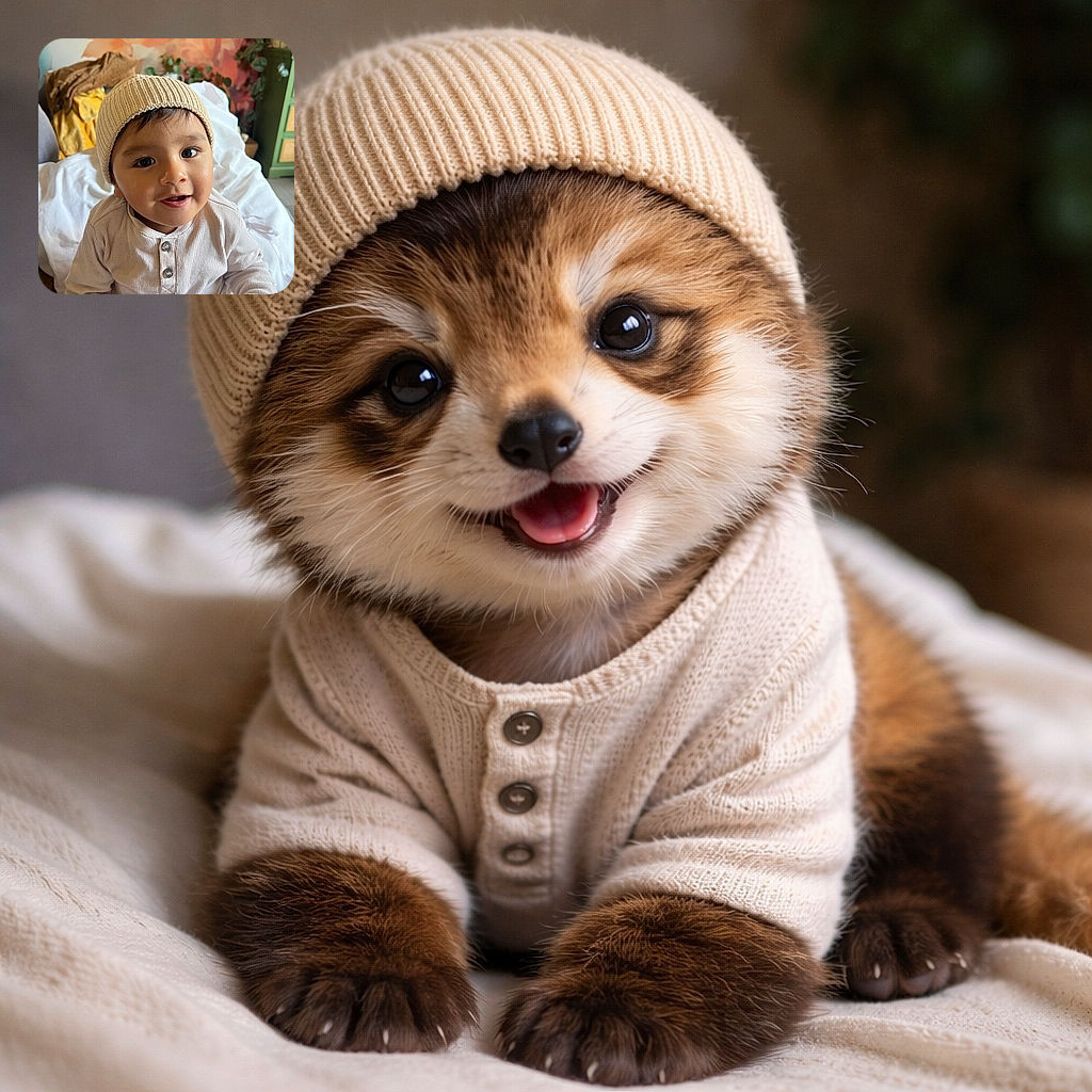 A delighted baby wearing a cozy knit beanie stares up at the camera with enormous curious eyes and a mischievous grin, perched on soft pillows and blankets in a warm, cluttered room — basically plotting snack-time cuteness.