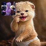 A mischievous toddler in a diaper flashes a gummy grin while picking their nose like it's the funniest secret in the kitchen — wooden cabinets, stove and a yellow cup frame the chaotic breakfast scene, and tiny sunglasses sit crooked on their head.