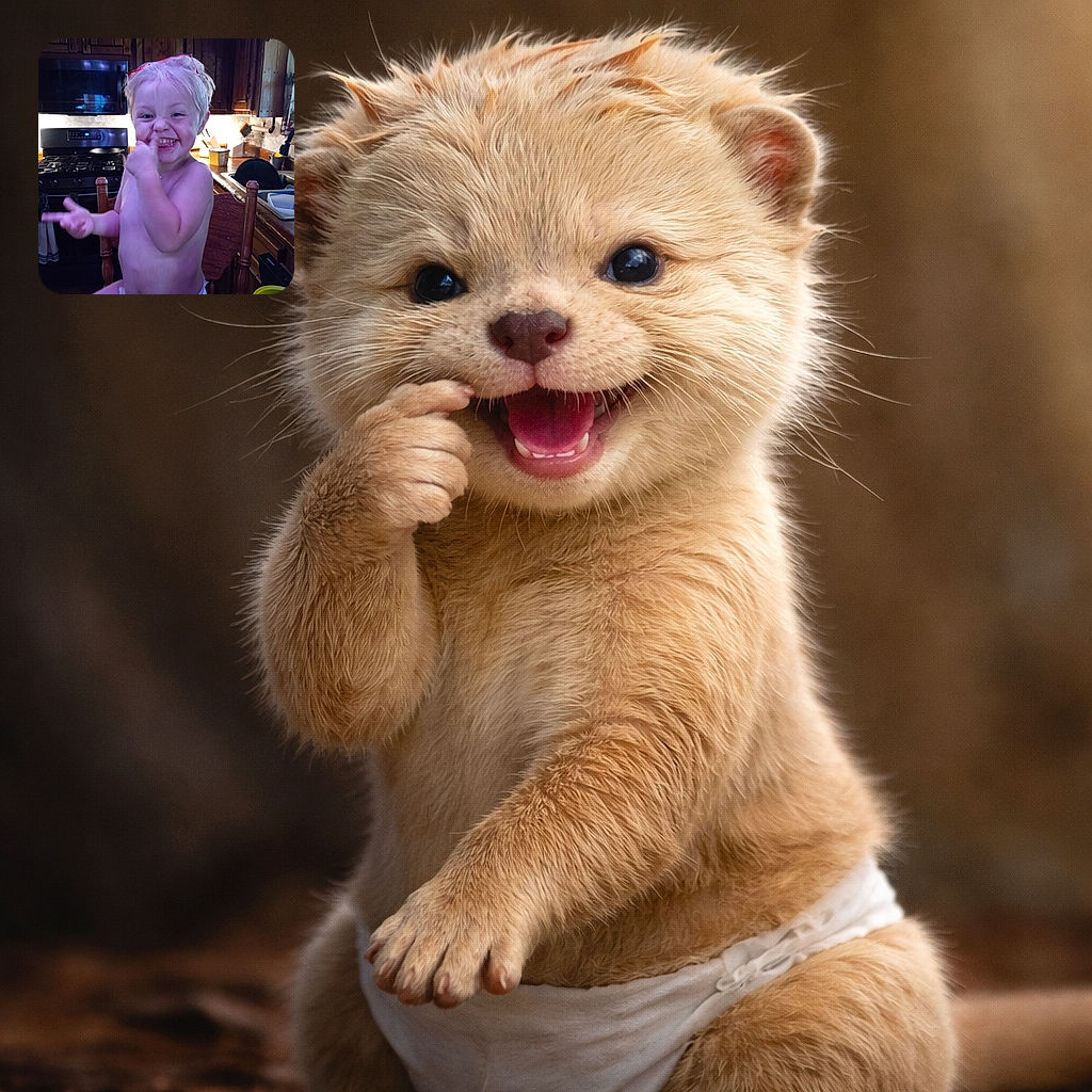 A mischievous toddler in a diaper flashes a gummy grin while picking their nose like it's the funniest secret in the kitchen — wooden cabinets, stove and a yellow cup frame the chaotic breakfast scene, and tiny sunglasses sit crooked on their head.