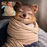 A peacefully sleeping baby wrapped snugly in a beige swaddle, with a serene smile and eyes closed, resting comfortably on someone's lap with a soft blue blanket underneath.