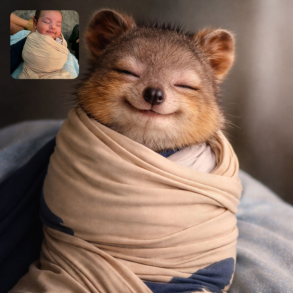A peacefully sleeping baby wrapped snugly in a beige swaddle, with a serene smile and eyes closed, resting comfortably on someone's lap with a soft blue blanket underneath.
