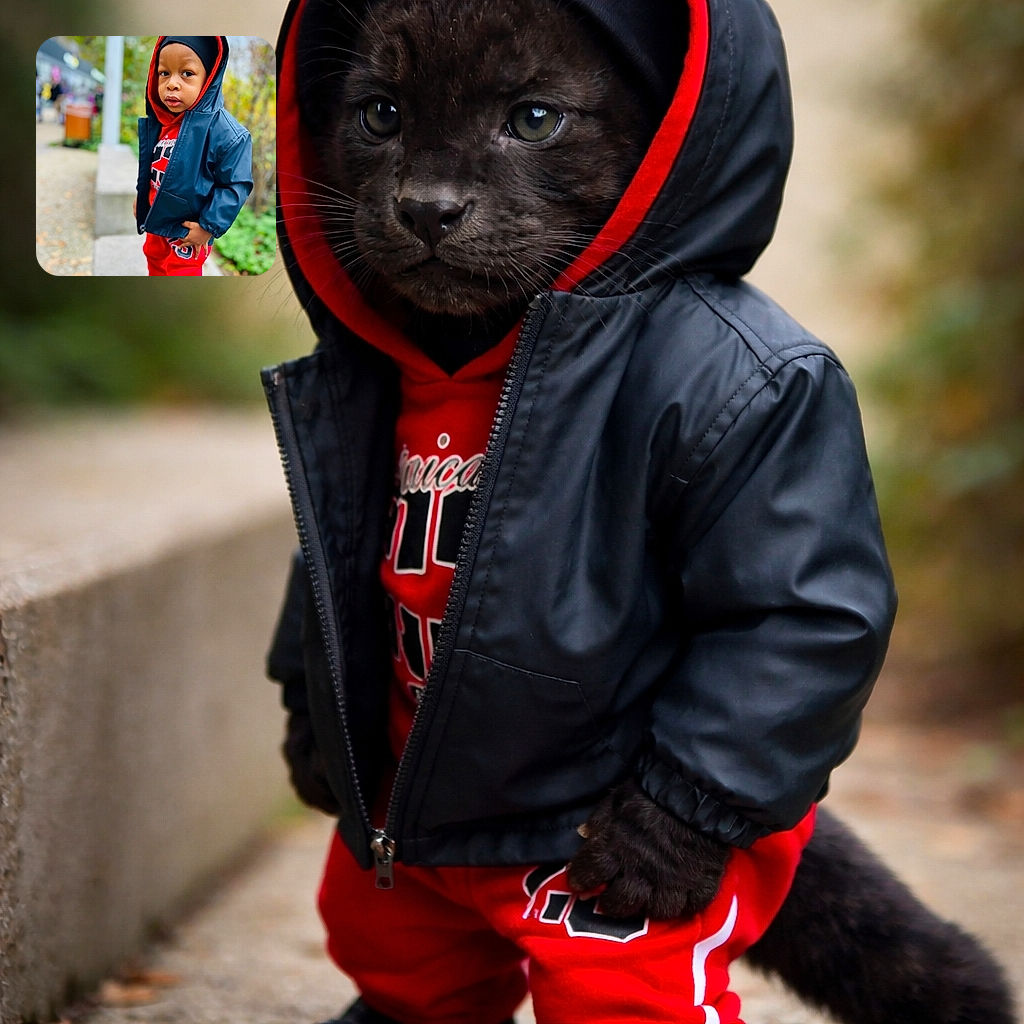 A pint-sized city detective in a red tracksuit and navy hooded jacket gives the camera a suspicious side-eye, standing on a concrete ledge with creamy bokeh trees and sidewalk hustle behind — equal parts serious and adorable.