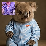 A calm baby dressed in a cozy Nike onesie lies on a soft purple blanket, looking curiously at the camera with wide eyes and a tiny hand near the face, surrounded by plush textures and gentle lighting.
