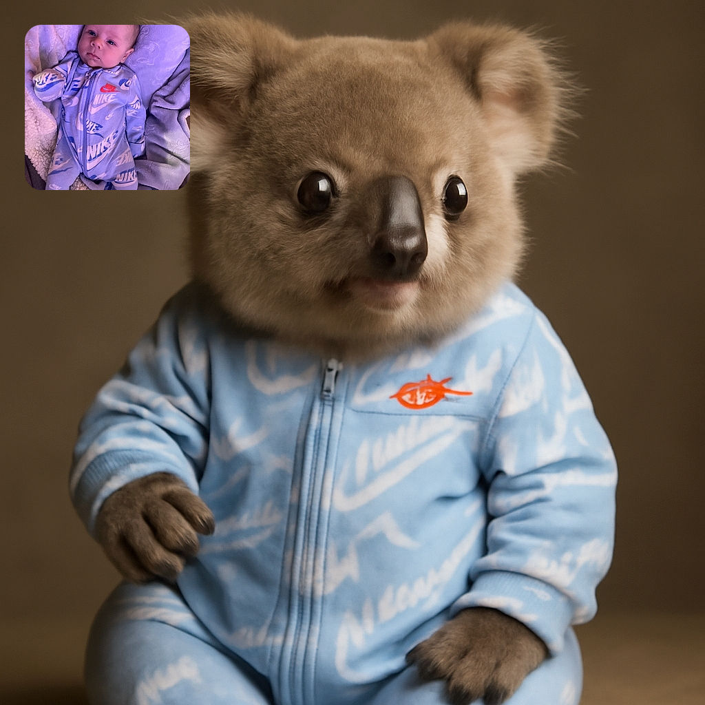 A calm baby dressed in a cozy Nike onesie lies on a soft purple blanket, looking curiously at the camera with wide eyes and a tiny hand near the face, surrounded by plush textures and gentle lighting.