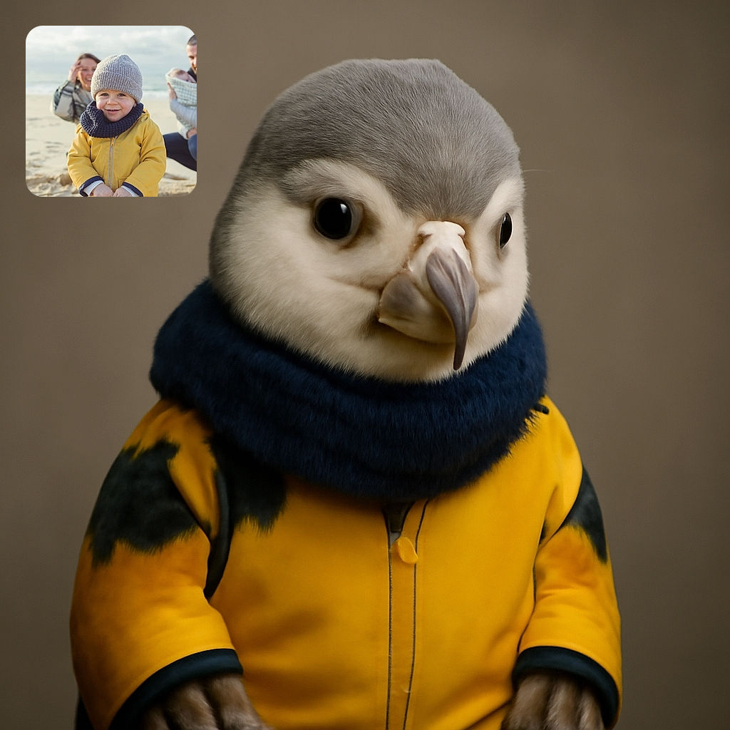 A cheerful toddler dressed in a yellow jacket and cozy knit hat smiles at the camera on a sandy beach, with a blurred background showing a happy couple, the mother laughing and the father holding a baby wrapped in a blanket.