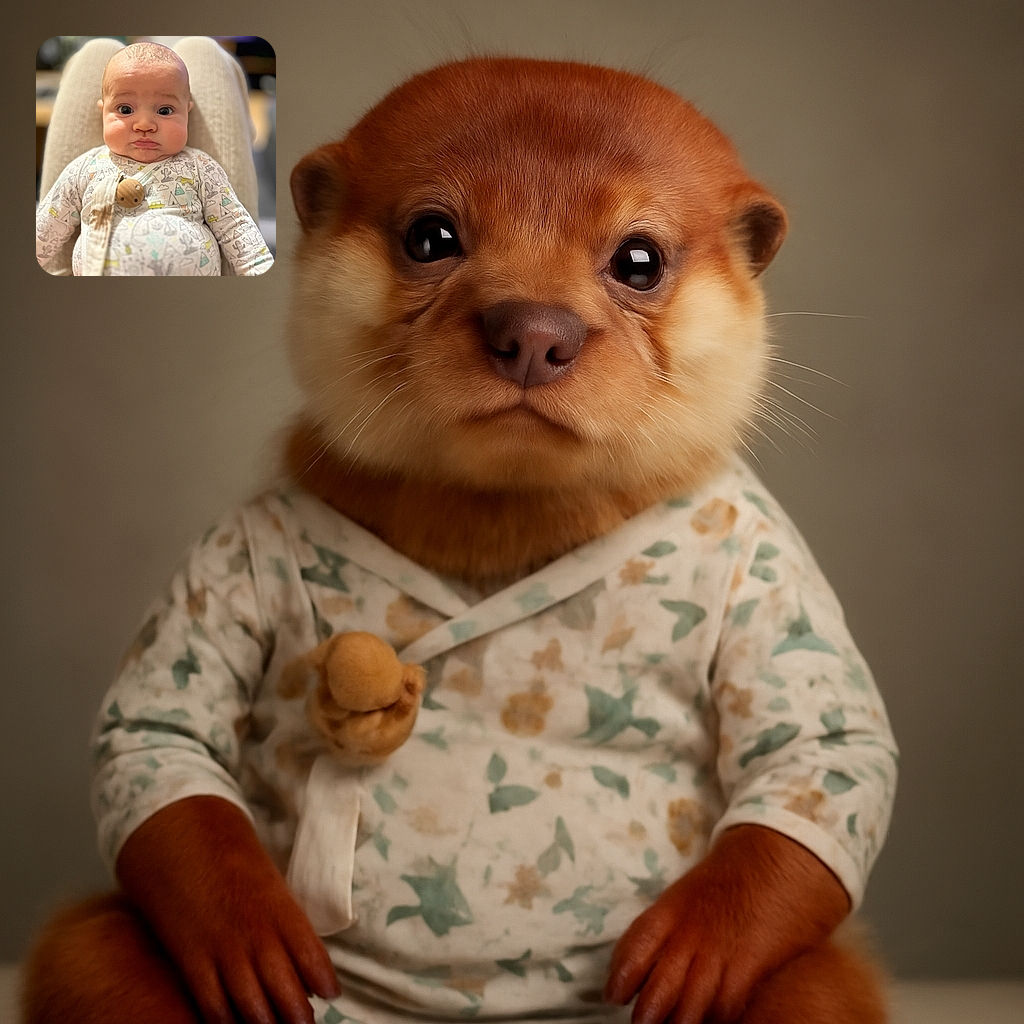 A wide-eyed baby with chubby cheeks stares curiously at the camera, dressed in a whimsical patterned onesie, comfortably resting against a soft, cozy background that blurs out the room behind.
