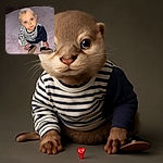 A curious toddler with bright blue eyes sits on a soft pink rug, looking up with an innocent expression while wearing a striped shirt and shiny black shoes. Behind, a stroller and a crib hint at a cozy nursery setting. A red heart emoji overlays the bottom part of the image, adding a touch of love.