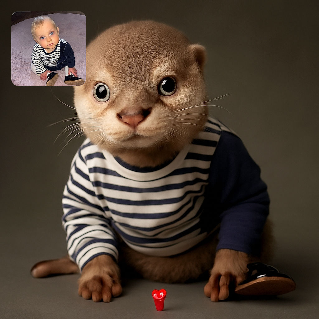 A curious toddler with bright blue eyes sits on a soft pink rug, looking up with an innocent expression while wearing a striped shirt and shiny black shoes. Behind, a stroller and a crib hint at a cozy nursery setting. A red heart emoji overlays the bottom part of the image, adding a touch of love.