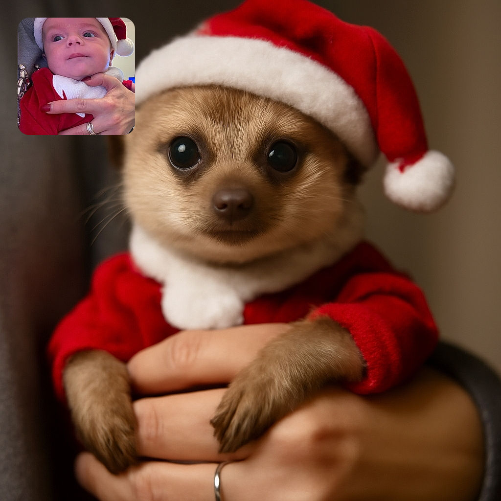 A close-up of an adorable baby dressed in a festive Santa outfit, complete with a red hat and white trim, being gently held by a hand with red-painted nails and rings, creating a cozy holiday vibe.