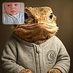 A close-up photo of a curious baby with wide eyes and a slightly open mouth, dressed in a cozy light gray onesie, lying on a soft surface. The image captures the innocence and wonder of early childhood with a gentle, natural light.