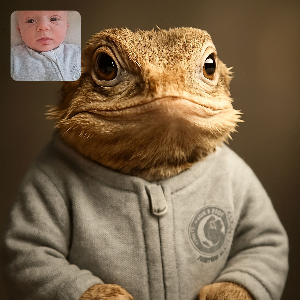 A close-up photo of a curious baby with wide eyes and a slightly open mouth, dressed in a cozy light gray onesie, lying on a soft surface. The image captures the innocence and wonder of early childhood with a gentle, natural light.