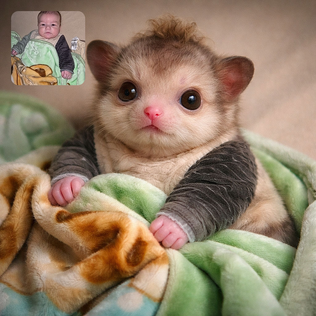 A wide-eyed baby wrapped in a mint-green blanket stares up at the camera like it's awaiting important instructions; tiny fists, a dramatic tuft of hair, and a plush pattern stealing the show. The on-camera flash created a touch of red-eye, turning this cozy portrait into an adorable little crime scene of cuteness.