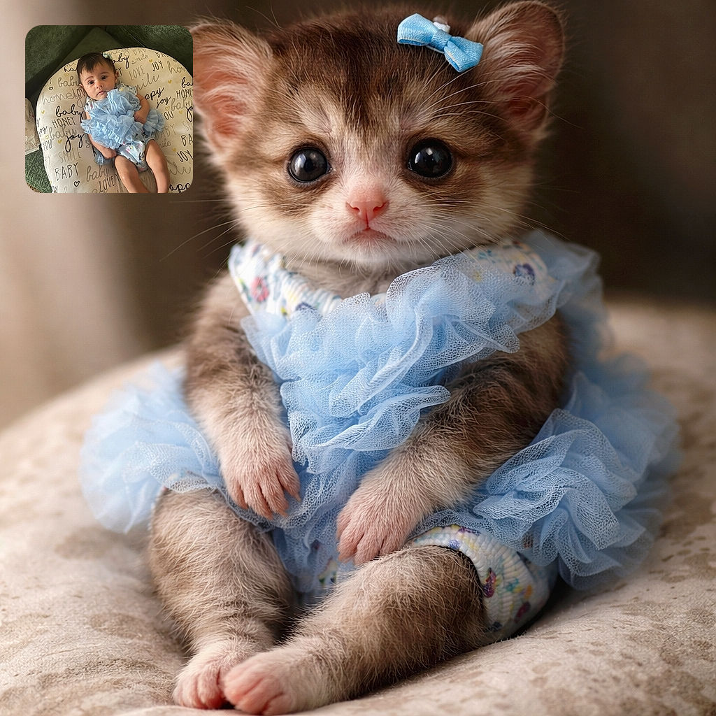 A cute baby dressed in a frilly blue outfit lounges comfortably on a cozy cushion covered in cheerful words like 'baby', 'joy', and 'smile', surrounded by a green couch and a soft carpet, radiating innocence and calm.