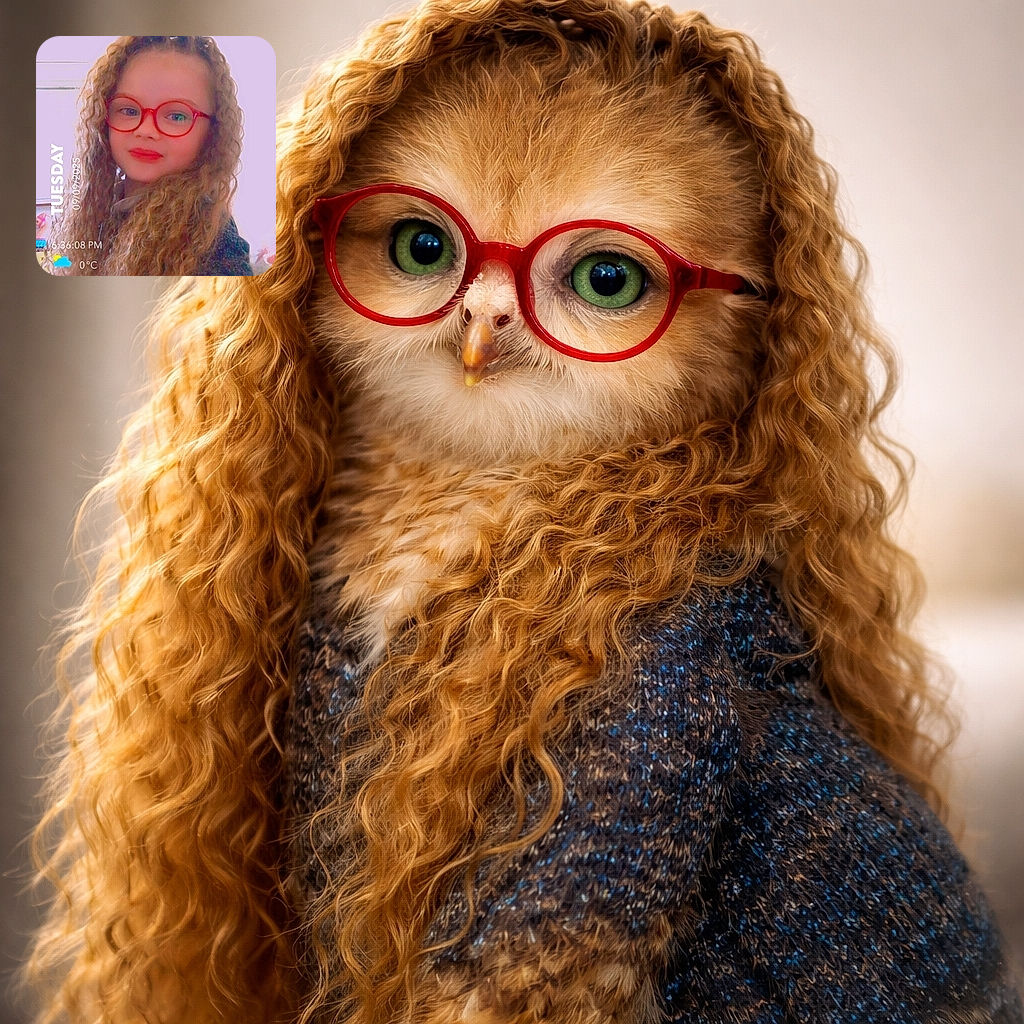 A tiny trendsetter stares confidently into the camera — oversized red glasses, a mane of corkscrew curls, and a playful filter turning the background into a soft pastel stage. A timestamp and weather sticker run down the left like a mini broadcast, while the child poses like they own the evening.