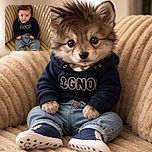 A wide-eyed baby with wild, spiky hair sits upright on a cozy, ribbed beige couch, wearing a black sweater, blue jeans, and tiny navy sneakers, looking seriously adorable with a hint of curiosity.