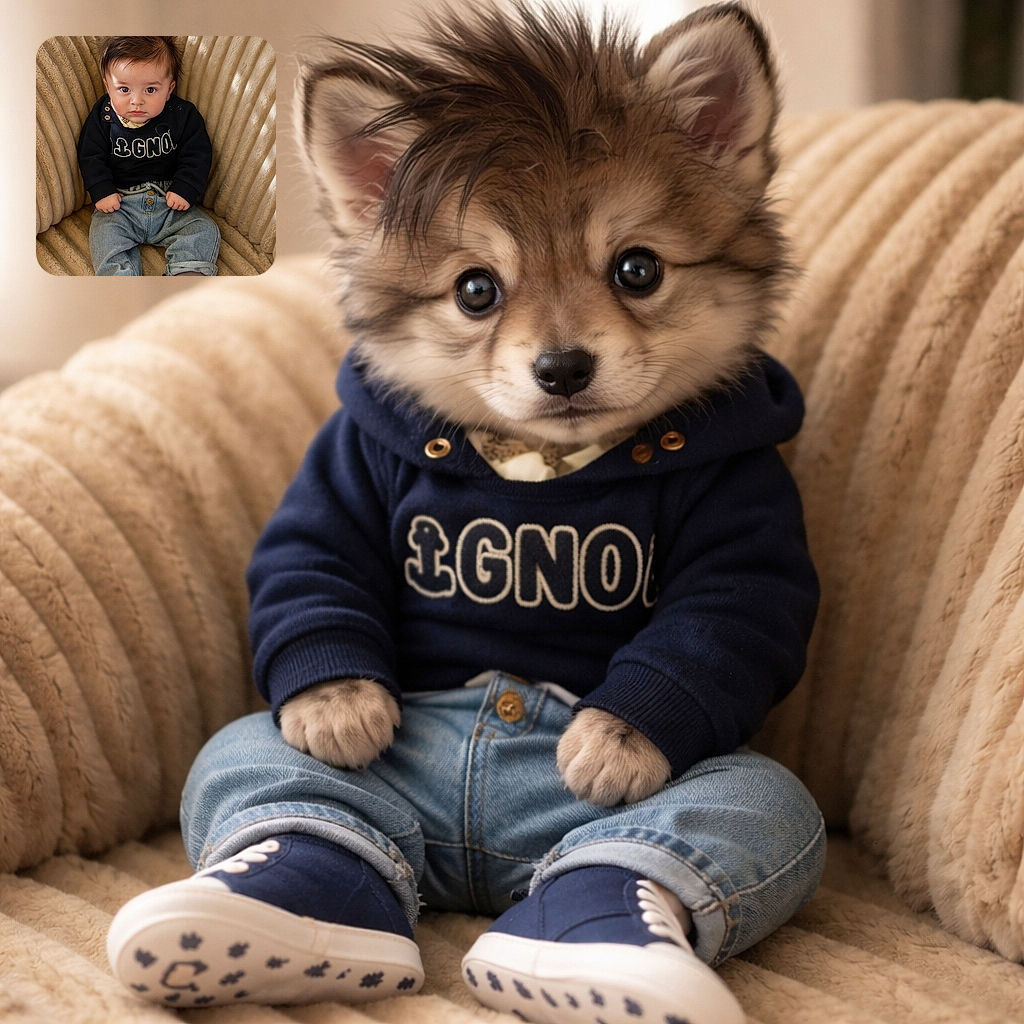 A wide-eyed baby with wild, spiky hair sits upright on a cozy, ribbed beige couch, wearing a black sweater, blue jeans, and tiny navy sneakers, looking seriously adorable with a hint of curiosity.