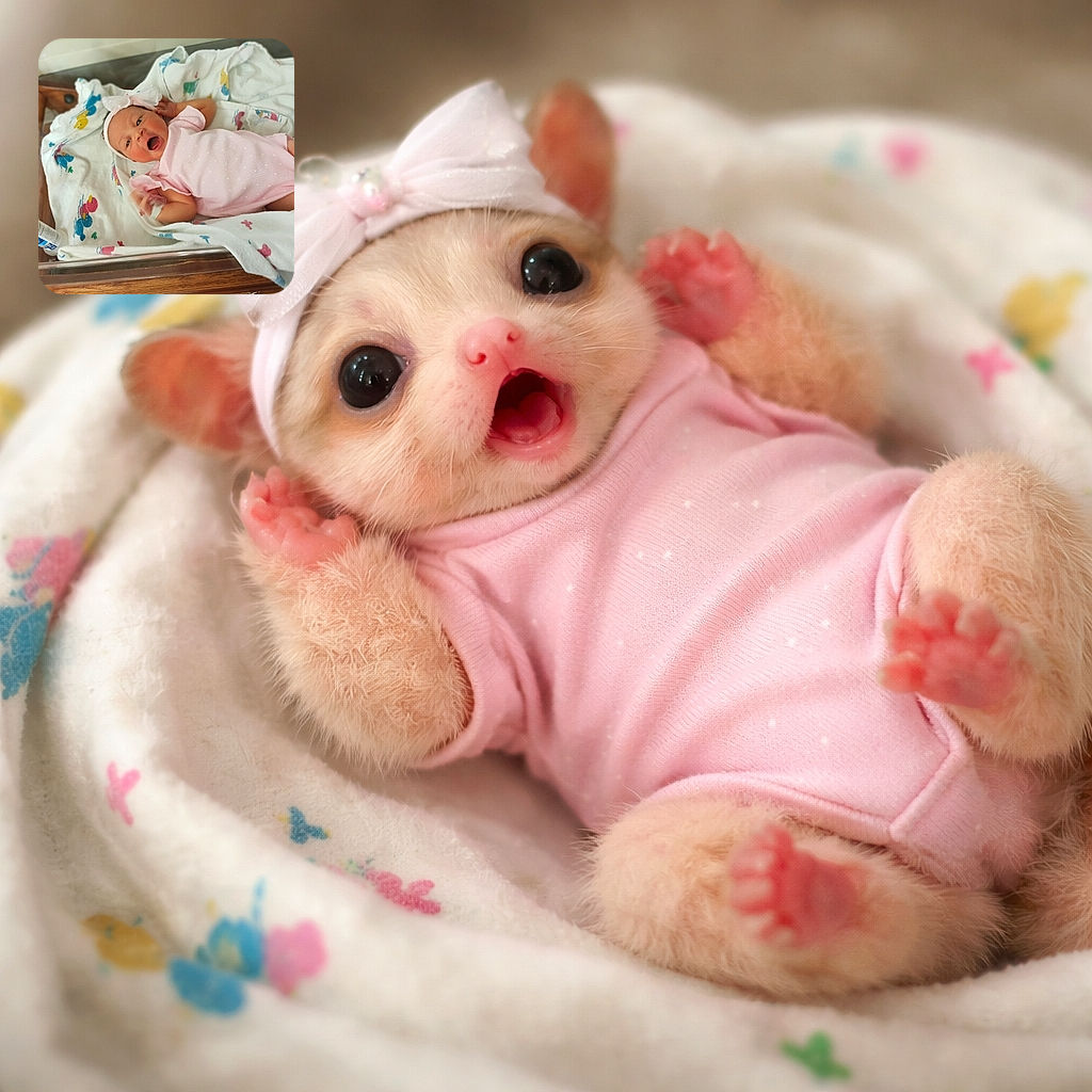 A newborn baby girl wearing a pink onesie and a big white bow headband is lying in a hospital bassinet, looking wide-eyed and expressive as if she's about to tell the funniest baby joke ever. The cozy blanket with colorful duck prints and a baby bottle nearby complete the adorable scene.