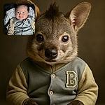 A charming baby with a mischievous smile lounges comfortably in a cozy seat, wearing a soft jacket with a bold 'B' patch. The soft lighting highlights the baby's smooth skin and tousled dark hair, creating a warm, inviting atmosphere.