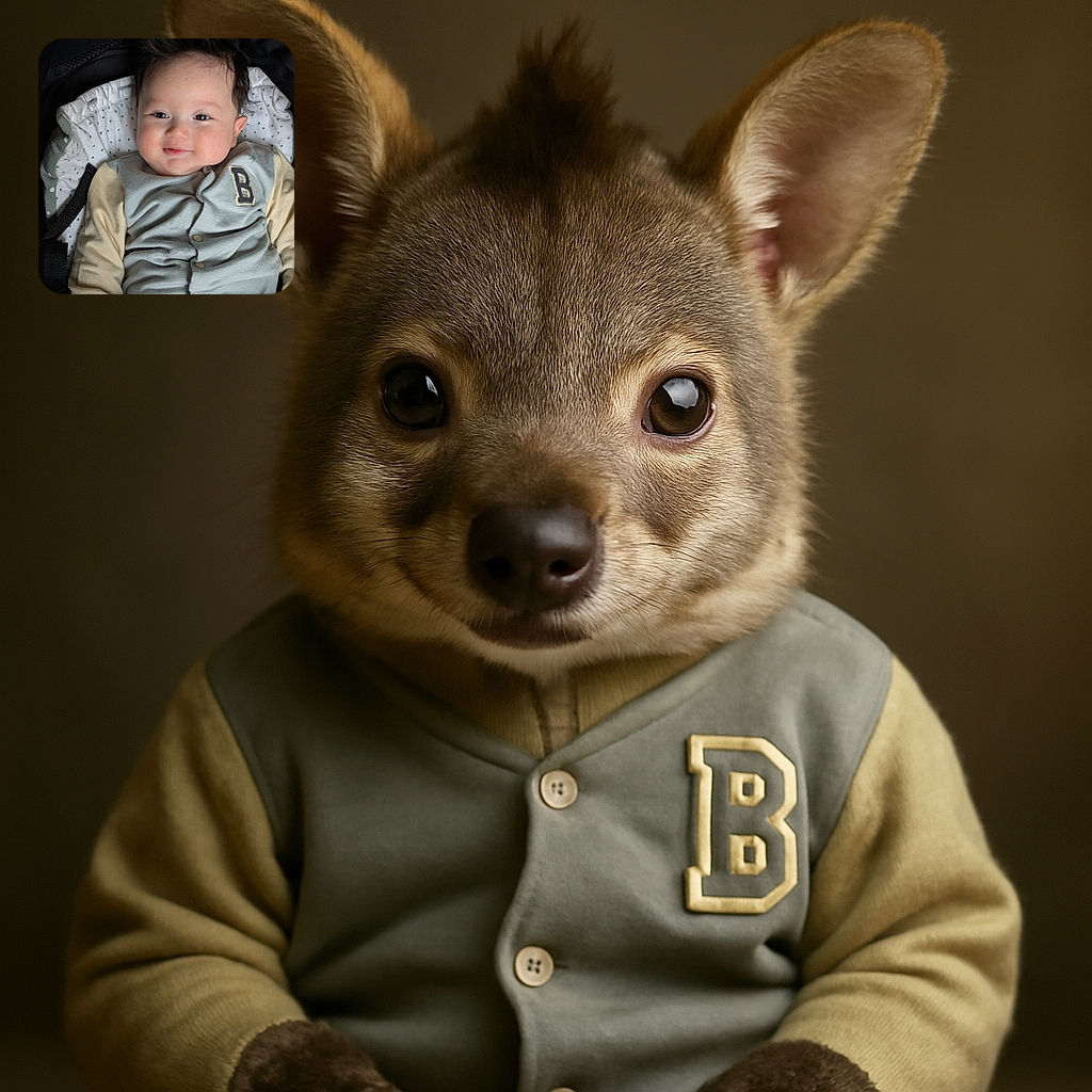 A charming baby with a mischievous smile lounges comfortably in a cozy seat, wearing a soft jacket with a bold 'B' patch. The soft lighting highlights the baby's smooth skin and tousled dark hair, creating a warm, inviting atmosphere.