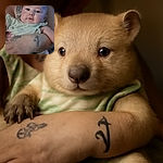 A chubby-cheeked baby is cozily nestled in the arms of an adult with tattoos, looking curiously at the camera with soft lighting and a slightly blurred background.