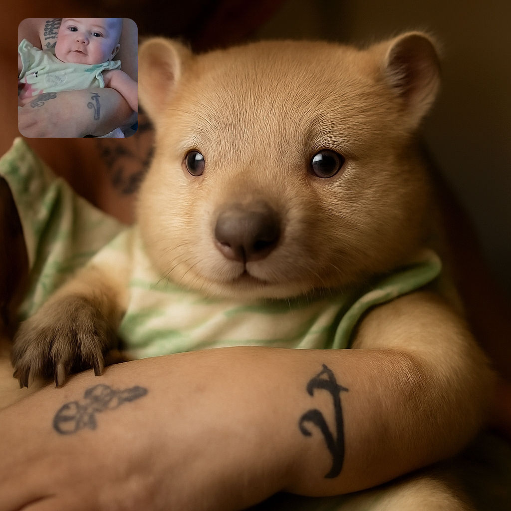 A chubby-cheeked baby is cozily nestled in the arms of an adult with tattoos, looking curiously at the camera with soft lighting and a slightly blurred background.