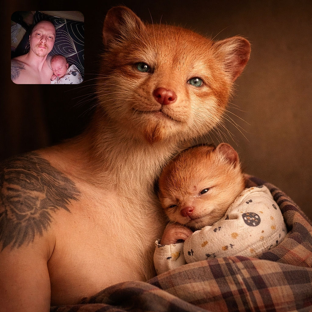 A sleepy newborn curled up on a proud, shirtless parent’s chest — late‑night selfie vibes, soft snoring atmosphere, tattoos peeking and a patterned pillow doing the background drama.