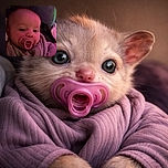 A pacifier-equipped baby wrapped in a cozy swaddle glares/ponder-snoozes into the camera under pink mood lighting, like a tiny, solemn club bouncer tucked into a pile of soft blankets and cushions.