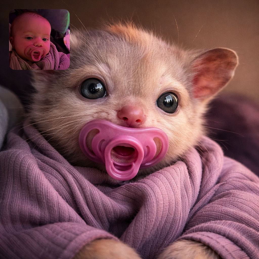 A pacifier-equipped baby wrapped in a cozy swaddle glares/ponder-snoozes into the camera under pink mood lighting, like a tiny, solemn club bouncer tucked into a pile of soft blankets and cushions.