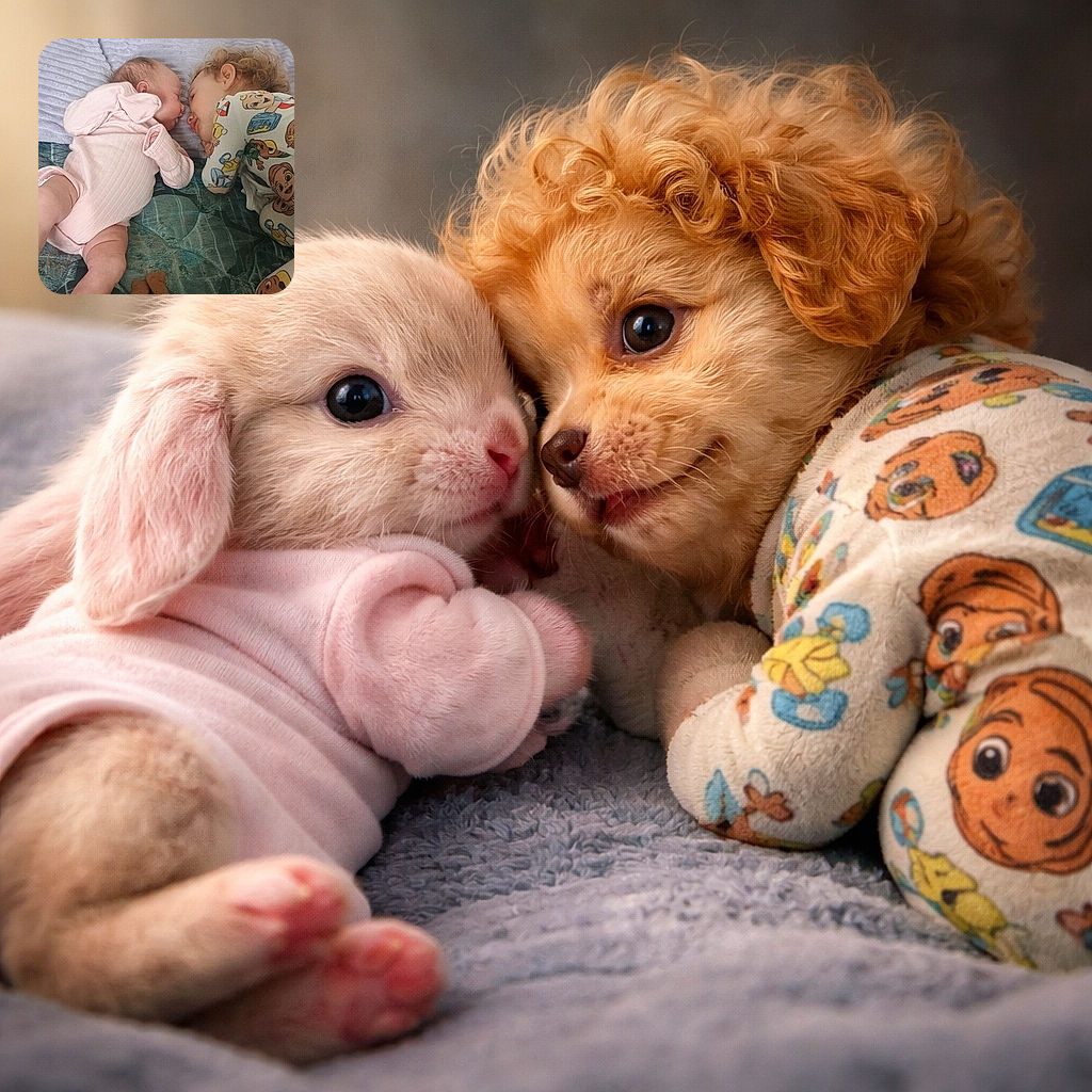 A newborn in a pink onesie and a curly-haired toddler in cartoon pajamas are cheek-to-cheek on a rumpled bed, noses nearly touching like a tiny peace treaty — a little Union-flag teddy lies at their feet while the toddler makes a goofy face and the baby snoozes peacefully against a textured wall and lavender pillow.