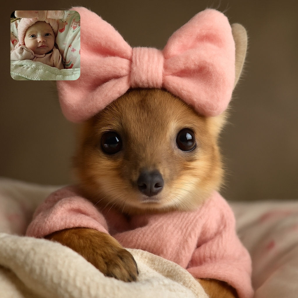 A cozy baby bundled up in soft pink attire with an oversized fluffy bow hat, peeking out from under a textured blanket with a serene expression and wide curious eyes.